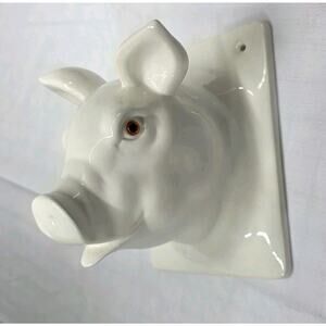 Vintage White Ceramic Pig Head Dish Towel Apron Holder Hanger Wall Mount Farm